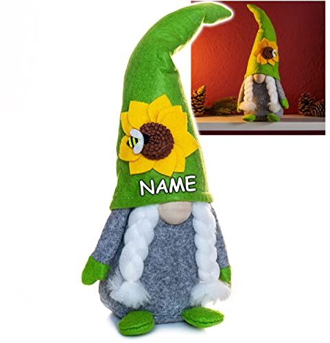 alles-meine.de GmbH lustiger Wichtel/Zwerg 33 cm groß grün - mit Sonnenblume & Biene - inkl. Name - für Sommer & Winter - Weihnachten - Plüschtier/Kantenhocker/Türstop..