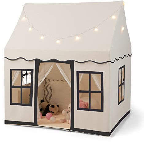 GOPLUS Spielhaus Kinder Indoor, Kinderspielhaus mit Sternenlichtern, Rutschfester Matte, Belüfteten Fenstern, Kinderzelt für 3 Kinder/2 Erwachsene, Einfach aufzubauen & zu waschen (Schwarz)
