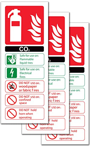 CO2 Fire Extinguisher Sign, Adherant Vinyl Fire Exntinguisher Signs [75 x 200 mm] [Pack of 3]