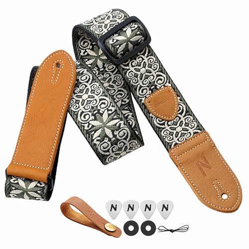Nefelibata Gitarrengurt,2 Doppelte Lederenden,Vintage Woven W/FREE BONUS-4 Picks+Strap Locks+Strap Button,Bestes Geschenk für Bass,Elektro&Akustik Gitarren für Gitarre(Vintage weiß grün Stickerei)