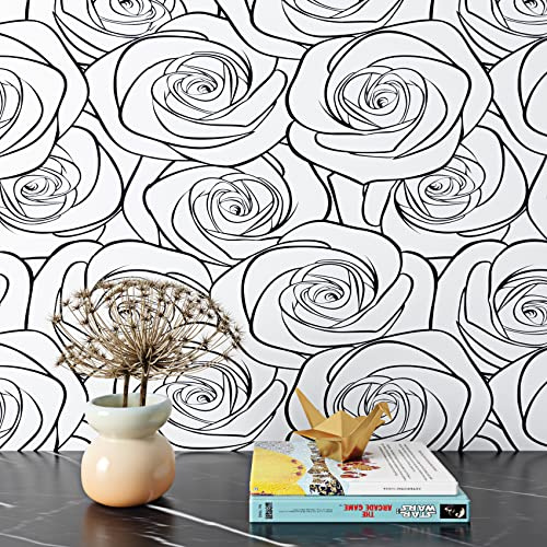 ReWallpaper 44.5CM×7M Selbstklebende Tapete Blumen Rosen Klebefolie Schwarz Weiß Muster Moderne Minimalistische Tapete Fototapete Schlafzimmer Romantik Klebefolie Möbel Blumenmuster Vintage