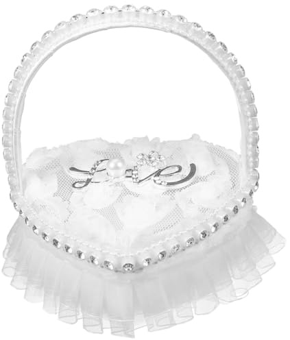 VICASKY Heart Shaped Wedding Ring Bearer Pillow with Handle Romantic White Lace and Pearl Ring Cushion for Wedding Ceremony Elegant Bride Jewelry Box Alternative Satin