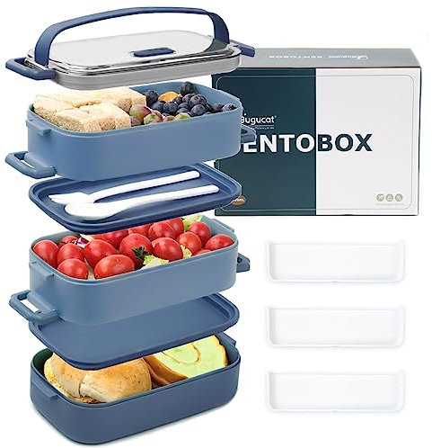 Bugucat 3 in 1 Bento Box with Compartments and Cutlery, Leak-Proof Adult Bento Lunch Box for Work, Camping & Food Storage - Dishwasher & Microwave Safe - 2400ML