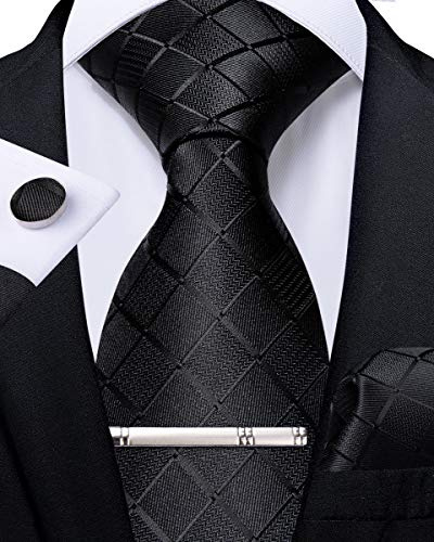 DiBanGu Formelle Herren schwarze Krawatte Seide Quadrat Krawatte und Einstecktuch Manschettenknöpfe Krawattenklammer Geschenkbox-Set für Smoking Hochzeit Party