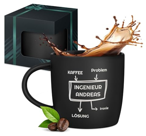 Maverton Keramik Kaffeetasse 400ml mit Gravur - personalisierter Kaffeebecher aus Matt Keramik mit Henkel - Trinkbecher für Männer zum Geburtstag zu Weihnachten - matt schwarz - Innen schwarz - Schema