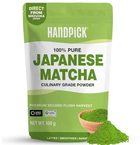 HANDPICK, Poudre de Matcha (100g, 100 Tasses) – Authentique Poudre de The Vert Matcha Japonais – Directement de Shizuoka, Japon – Matcha pour Lattes, Smoothies