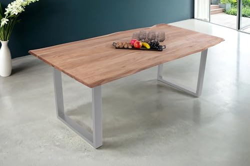 SAM Esstisch Dana 140x80 cm Akazie Eiche Baumkante U-Gestell Silber | Baumkantentisch massiv, Akazienholz eichefarben, Metallgestell, pflegeleichter Holztisch, Esszimmertisch
