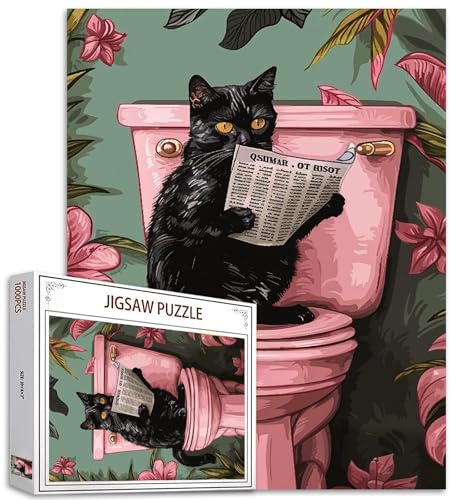 Tucocoo Puzzle 1 000 pièces pour adultes - Puzzle coloré pour décoration intérieure, jeux et activités en famille, cadeau - Chat noir dans cabinet de toilette rose