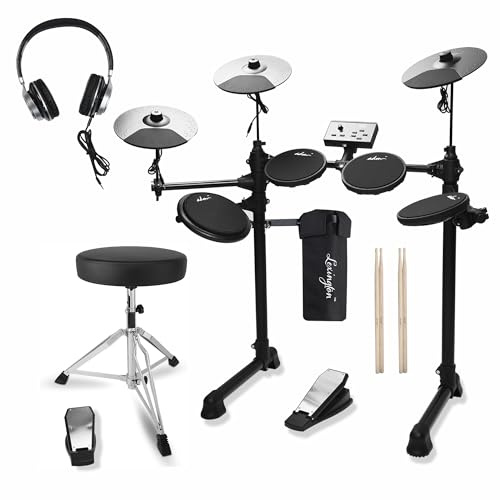 ADM Electronic Drum Set With 4 Quiet Electric Drum Mesh Pads, 180+ Sounds, Electric Drum Kit For Beginngers with 2 Switch Pedals, Throne, Headphones, DrumSticks, and Melodics Lessons