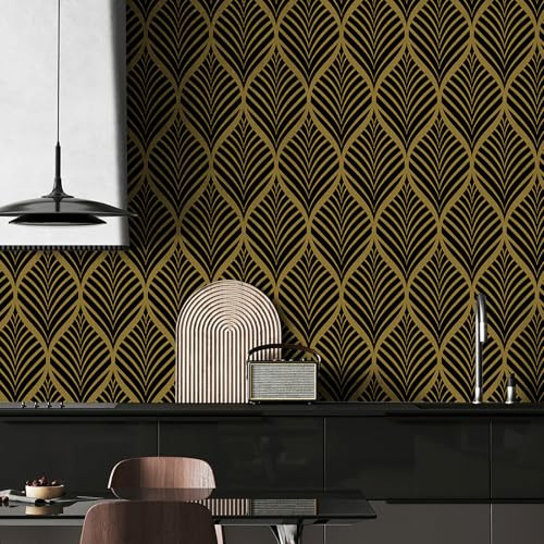 FENTIS Black Self Adhesive Wallpaper Gold Striped Peel and Stick Contact Paper Sticky Back Plastic Vinyl Wrap Minimalist Style Removable Waterproof Wall Paper Roll for Kitchen Worktop 44.5x500cm