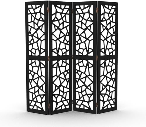 VINGLI 70'' H Room Divider, Non-Woven Fabric Privacy Screen, Indoor Partition Wall Dividers, Freestanding Hinged Space Separator with Modern Unique Pattern (Black, 4 Panel)
