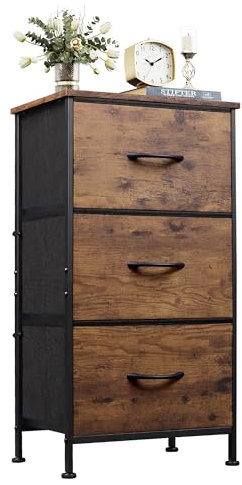 WLIVE Kommode mit 3 Schubladen aus Stoff, Kommodenschrank für Schlafzimmer, Kommode Wohnzimmer, mit Stabiler Stahlrahmen, Vintagebraun-Schwarz (3 Schubladen, Vintagebraun-schwarz)