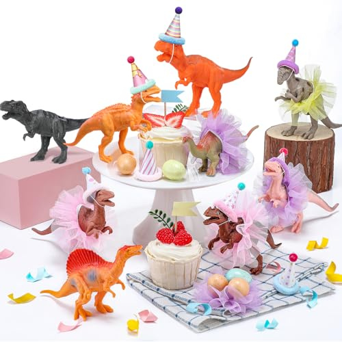 Weysat 27 Pcs Dinosaur Birthday Party Decorations Animal Cake Toppers with Mini Hat with Pom Poms Dinosaur Figure Model Cake Decoration with Mini Skirt and Hat for Animals Themed Party