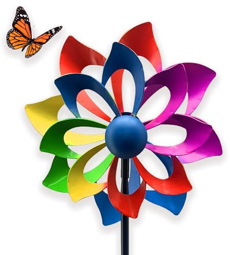 matches21 HOME & HOBBY Großes Windrad Metall 129 cm, wetterfeste Frühlings Garten-deko Flügelform - Bunte Windmühle