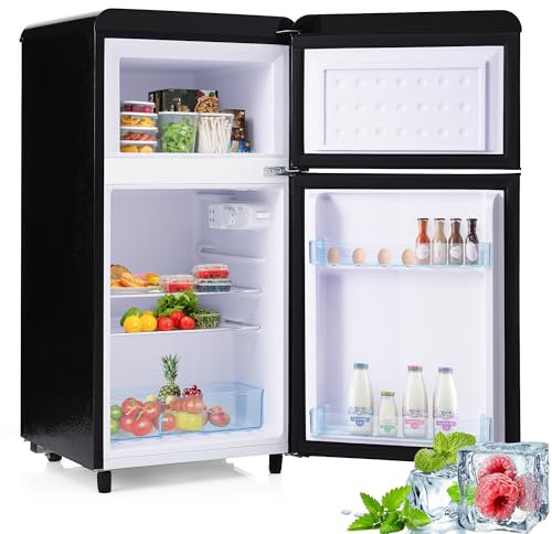 Frigorífico retro de 72 litros doble puerta superior e inferior congelador de 21 litros frigorífico-congelador combinado 120 kWh/año minifrigorífico color negro.