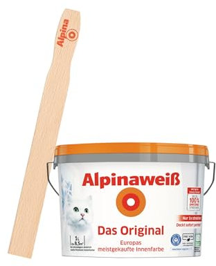 Alpinaweiß Das Original – optimal deckende und ergiebige weiße Wandfarbe – mit Spritz-Schutz-Formel – mit Rührholz (1 Liter)