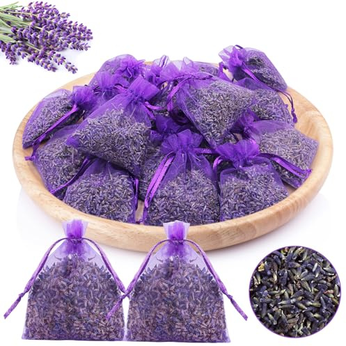 Bolsitas Lavanda Natural, 20x Auténtica Lavanda Seca, Repelente de Insectos y Polillas, Aroma Intenso, Bolsas Rellenas para Armario, Ropa, Habitación, Cajones, Coche