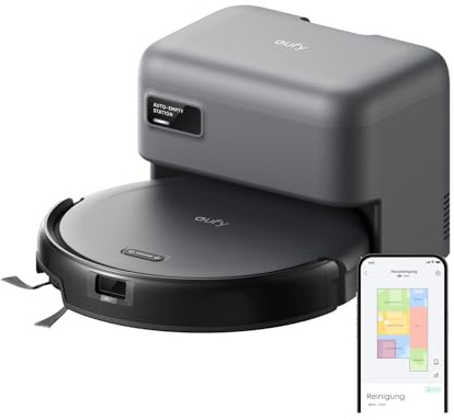 eufy C10 robotdammsugare med automatisk uppsugningsstation, 7,3 cm, mattrengöring, utdragbar sidoborste för hörn, automatisk tömning, punktlaser- och infraröd navigering (renoverad)