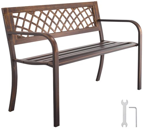 VEVOR Banco de Jardín de Metal 116 cm con Estructura de Acero al Carbono, Respaldo de Malla de PVC, Reposabrazos, Banco para Exterior, Ideal para Patio, Jardín, Parque, Porche, Color Bronce Antiguo