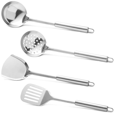 4-Teiliges Kochutensilien Set Edelstahl Küchenutensilien, Küchenhelfer Set | Edelstahl Umfasst Pfannenwender, Schaumlöffel, Kochlöffel, Schlitzwender, Leicht zu Reinigen, Praktisch zum AufhäNgen