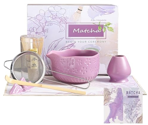 Matcha Whisk Set 7 pcs, Pink Matcha Set, Matcha Tea Set for Making Latte, Japanese Matcha Kit with Traditional Chasen for Authentic Tea Ceremony (Purple, 7PCS)