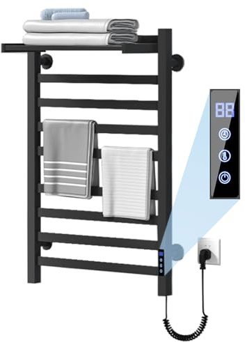 iAnomla Heated Towel Rail Electric - Fast Warming, 650 x 450mm,Wall Mounted, Black Bathroom Towel Radiator with Thermostat & Timer, 2 in 1 Airer Warmer Rack & Rack Wall, for Shower, Hot Tub