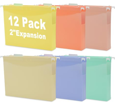 12-pack hängande mappar i A4-plast med flikar, färgglad dragspelsdesign, PP-material, expanderbara hängande mappar för arkivskåp, lådor och kontorsorganisation