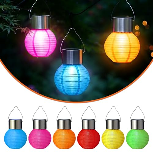 Solar Mini Nylon Lampion zum Hängen 10cm bunt - 6er Set - LED Laterne klein 6 Farben kalt weiß beleuchtet für Außen - Garten Party Pavillon Deko Beleuchtung Solarlaterne Solarlampe Hängeleuchte