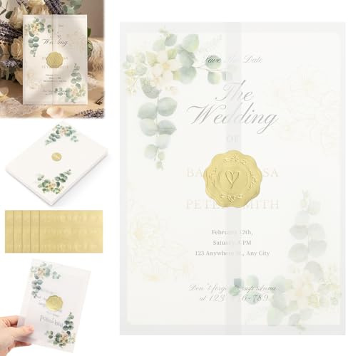 50PCS Vellum Paper 5x7 inch, Pre-Folded Translucent Wedding Invitation Jacket with Sealing Stickers, Exquisite Floral Pattern Invitation Sleeves for Baby Shower, Birthday Greeting Cards, and DIY Craft