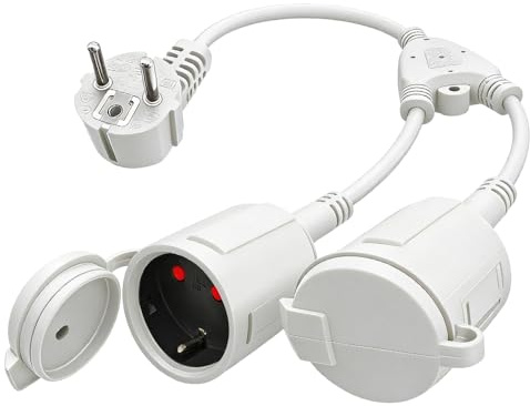 Doppelstecker für Steckdose, 16A/250V Verlängerungskabel Kurz 2 Fach Steckdosen Wasserdicht IP44 2 Fach Steckdosenadapter mit Flexiblem Kabel Doppelsteckdose Adapter für Zuhause, Büro (Weiß)