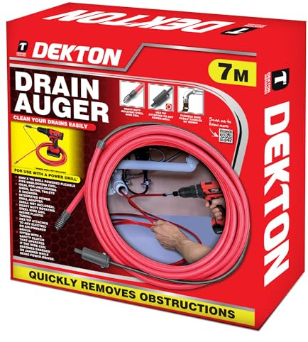Dekton 7m Drain Auger 6mm Drill Powered Pipe Unblocking Tool with Safety Clutch – Flexible Steel Coil Drain Cleaner for Sinks, Baths, Toilets & Showers – Power Drill Adapter (Drill Not Included)