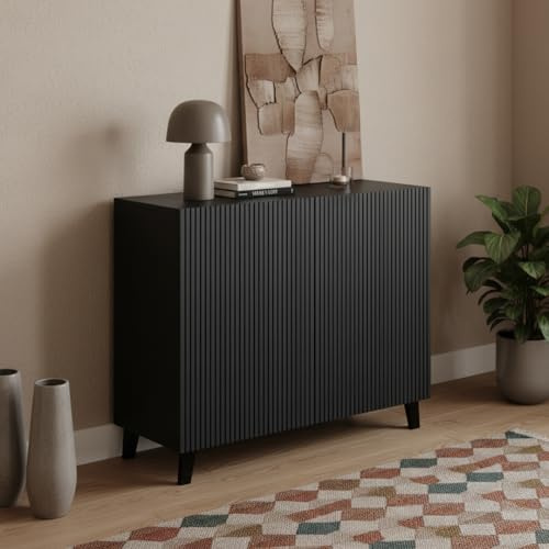 Bellamio Tana Kommode Sideboard 92 cm, Schwarz, 4 Fächer, Holz, geriffelt | TV Schrank, Kommodenschrank, Wohnzimmerschrank 40 cm tief, strukturierte Front, Flurschrank, Schlafzimmer, Wohnzimmermöbel