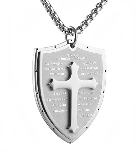 HZMAN Armor of God Ephesians 6:16-17 Edelstahl Glaube Kreuz Schild Halskette Anhänger für Herren Schmuck Geschenk