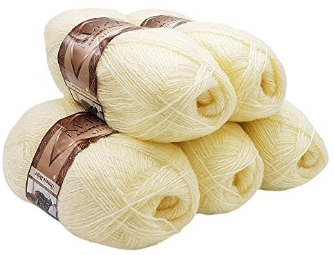 5 x 100 g Alize Glitzerwolle, Effektwolle einfarbig, 500 Gramm Metallic - Wolle mit 20% Woll-Anteil (Creme 01)