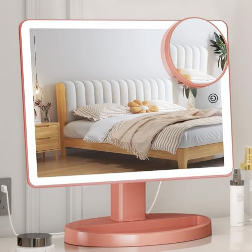 FUNTOUCH Großer Schminkspiegel mit Beleuchtung (XL) 10X Fache Vergrößerung | 3 Farben Beleuchteter Spiegel mit 88 LEDs, 360° Drehbarer Tischspiegel, Tragbarer Tisch Kosmetikspiegel