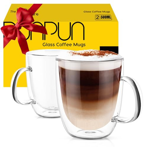 PunPun Large Clear Coffee Mugs Set of 2, Jumbo Mugs Double Wall Insulated Glass Mugs, Lead Free Unique Glass Coffee Mugs Each 500ml (17 oz)