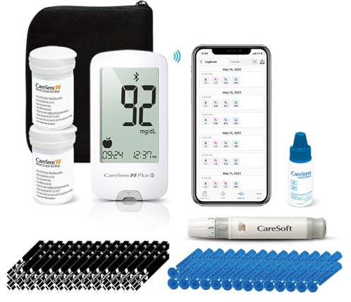 CareSens N Plus Bluetooth Blood Glucose Monitor Kit with 100 Blood Sugar Test Strips, 100 Lancets, 1 Blood Glucose Meter, 1 Lancing Device, Travel Case for Diabetes Testing Kit (Auto-Coding Glucometer kit with 1 Control Solution) for Personal Use