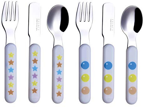 Exzact Posate per Bambini 6 Pezzi in Acciaio Inossidabile 18/10-2 x forchette, 2 x coltelli, 2 x cucchiai da tavola - Manico in plastica, Utensili per Bambini Senza BPA - Stelle e Punti (S6)