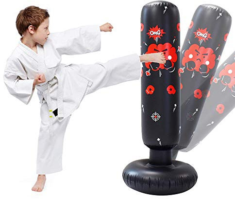 JanTeelGO Fristående stanspåse, 120 cm uppblåsbar boxningsväska för barn, fitness omedelbart studs bak-tumlare, för att öva Karate Taekwondo MMA tryckavlastning (svart-E, 120 cm)