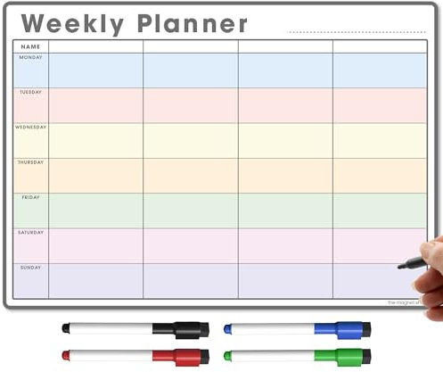 TMS Magnetic Weekly Planner and Organiser A3 | Fully Customisable Whiteboard for Family or Business Tasks and Meal Planning | with 4 Free Magnetic Dry Wipe Pen (Multi-Coloured, A3)