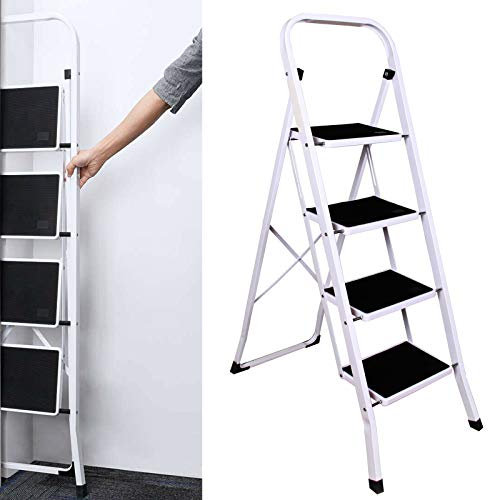 Escabeau pliable à 4 marches - Escabeau domestique pliable - 4 marches en métal - Escabeau avec de grandes marches - Jusqu'à 150 kg