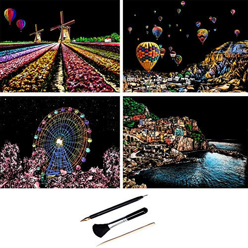 ShipeeKin 4X Kratzbilder, 290x210 MM Sehenswürdigkeiten Wandbild, Beschichtete Bunte Kratzpapier mit Werkzeug Set (Landschaften in Europa)