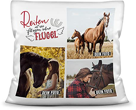 PfotenSchild Pferde Kissen mit Füllung - Fotocollage - Reiten ist wie fliegen - mit DREI Fotos selbst gestalten - Geschenk für Pferdeliebhaber - Weiß, 40 x 40 cm