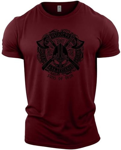 GYMTIER Sons of Odin - Helmet Vikings - Men's Gym T-Shirt Bodybuilding Training Workout Lifting Top Clothing, Maroon, XL