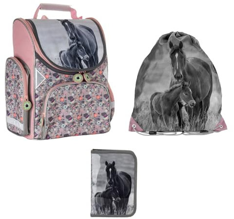 Paso skolväska set 3 delar. - Med gymnastikpåse och fylld pennväska, hästar, 3