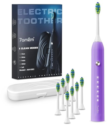 7AM2M Sonic Electric Toothbrush for Adults and Kids, with 8 Brush Heads and Travel Case,5 Modes with 2 Minutes Built in Smart Timer, One Charge Use for 90 Days, Rechargeable Toothbrushes (Purple)