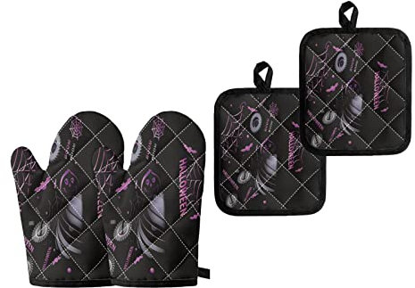 Dajingkj Set di 4 guanti da forno e presine per Halloween neri resistenti al calore per forno con guanti caldi per cucinare grigliate
