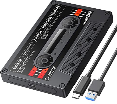 ORICO Caja Disco Duro 2.5 USB C Cinta-Retro Carcasa Disco Duro para SATA I/II/III 7mm/9.5mm SSD HDD con Pegatina hasta 6 TB, Sopporta UASP, No Requiere Herramientas,Negro (2580C3-V1-BK)