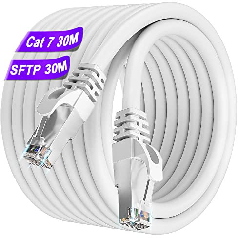Soibke Cable Ethernet 30m, Cat 7 Câble Lan Blindé Haute Vitesse 10Gbit/s 600MHz S/FTP Cable RJ45 Blanc Gigabit Extérieur Imperméable Câble Réseau Cables Internet pour Routeur Modem