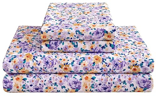 Mooreeke Floral Queen Bed Sheets, Soft Microfiber Printed Bedding Sheets & Pillowcases, Deep Pocket Non-Slip Vintage Queen Sheet, Purple Yellow Flower Pattern Bedsheets